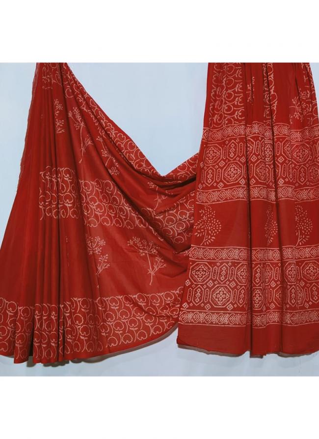 Cotton Mul Mul Red Casual Wear Printed Saree